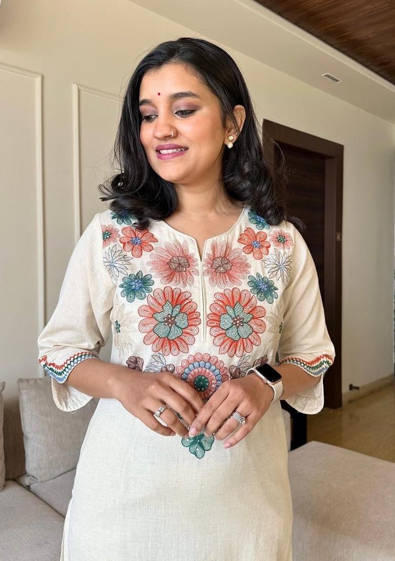 White Printed Cotton Kurta Set - Indya