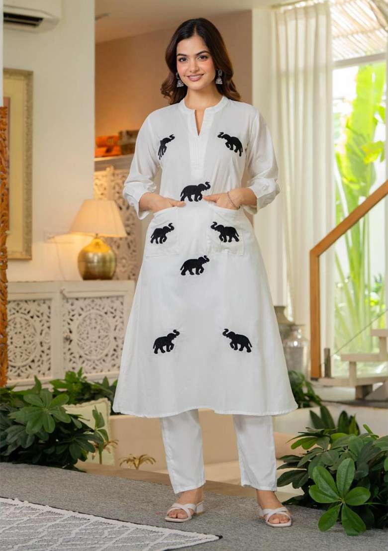 White Embroidered Cotton A Line Kurta Set - Indya