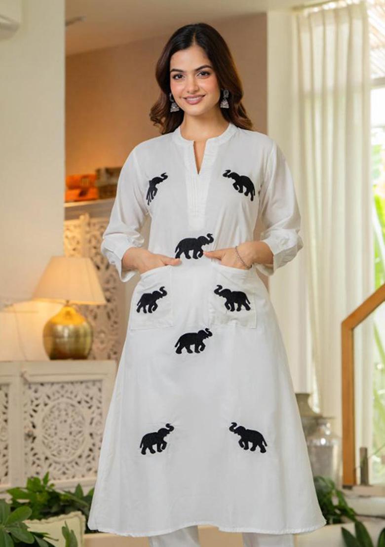 White Printed Cotton Kurta Set - Indya