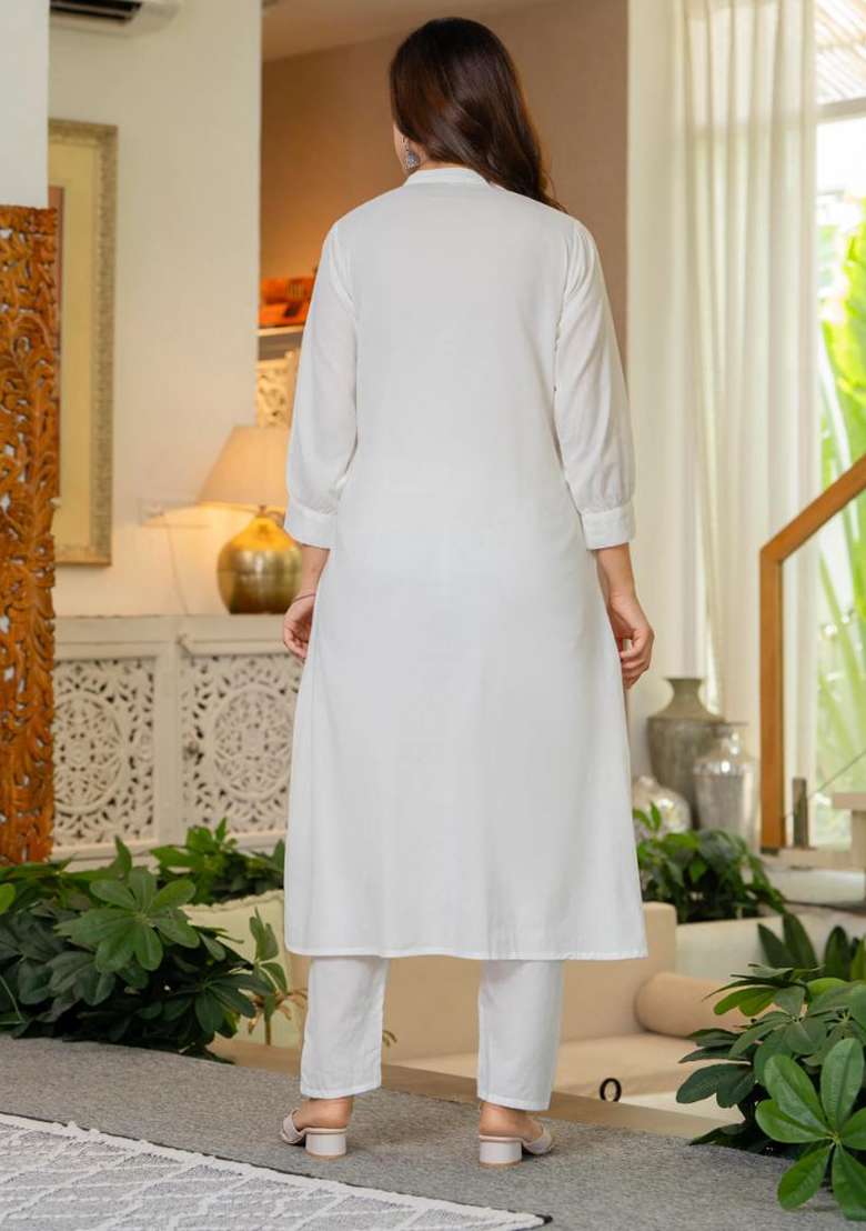 White Embroidered Cotton A Line Kurta Set - Indya