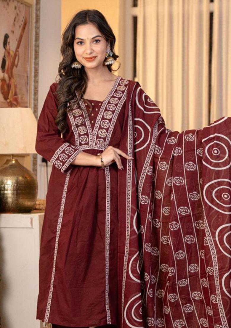 Red Printed Cotton Kurta Set - Indya