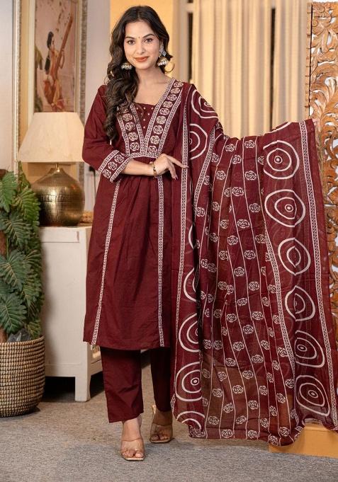Red Printed Cotton Kurta Set