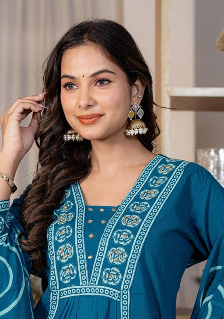 Blue Printed Cotton Kurta Set - Indya