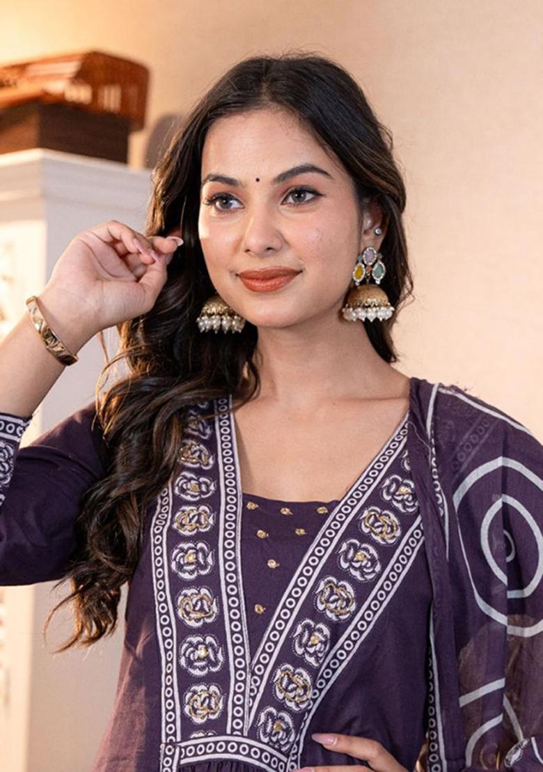 Purple Printed Cotton Kurta Set - Indya