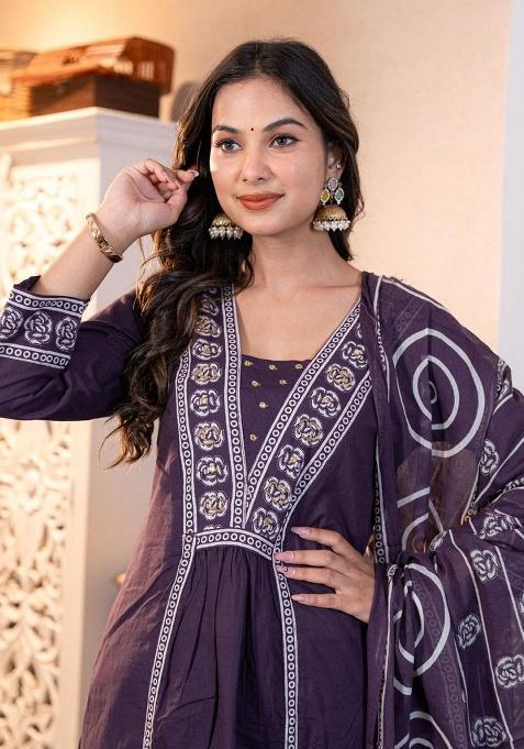Purple Printed Cotton Kurta Set
