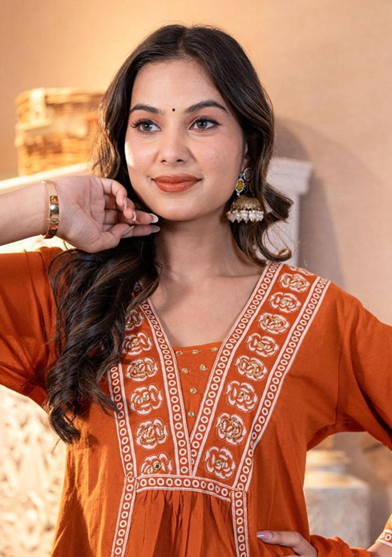 Orange Printed Cotton Kurta Set - Indya