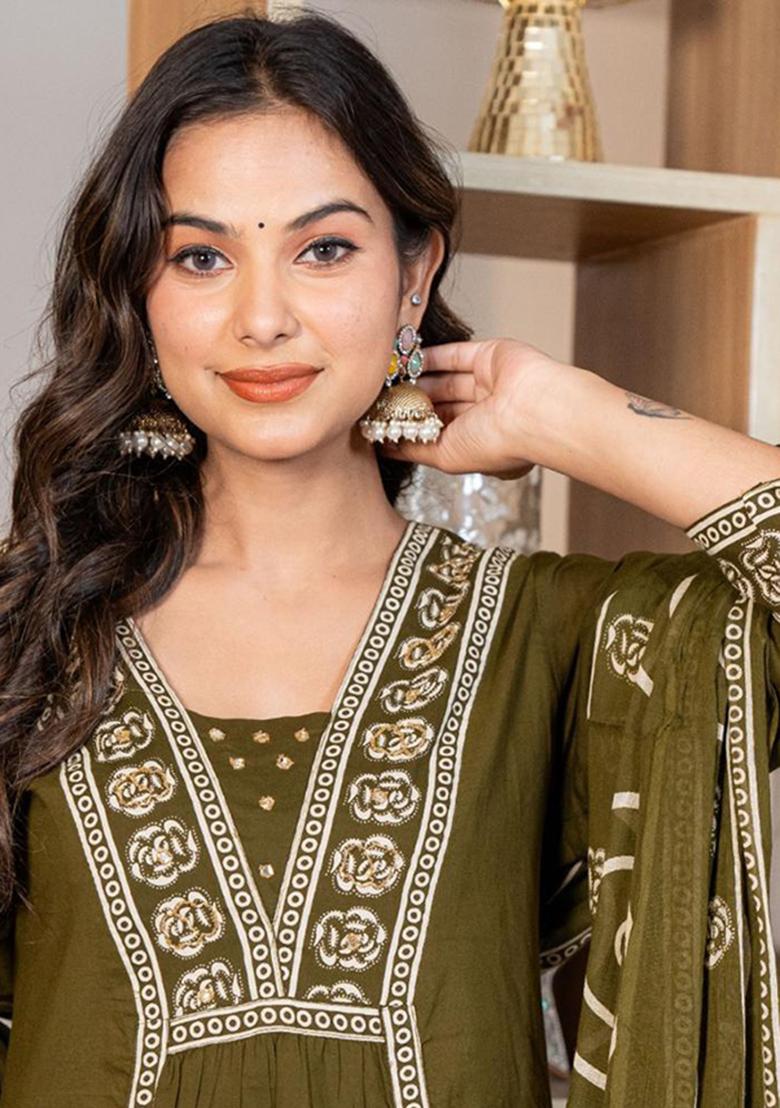 Green Printed Cotton Kurta Set - Indya