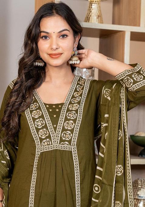 Green Printed Cotton Kurta Set