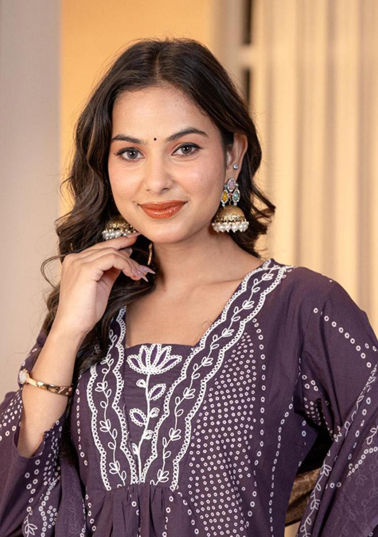 Purple Printed Cotton Kurta Set - Indya