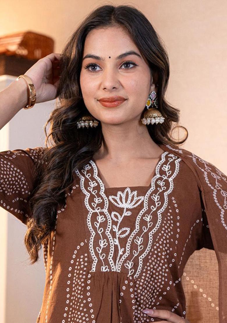 Brown Printed Cotton Kurta Set - Indya