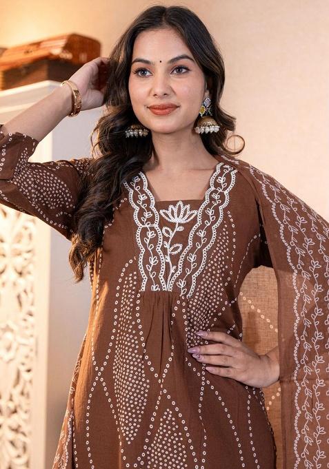 Brown Printed Cotton Kurta Set