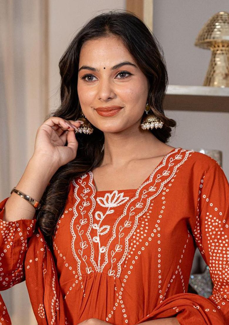 Orange Printed Cotton Kurta Set - Indya