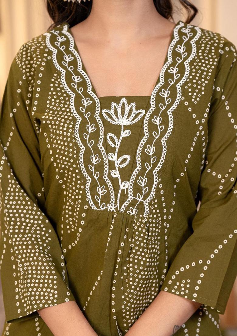 Green Printed Cotton Kurta Set - Indya