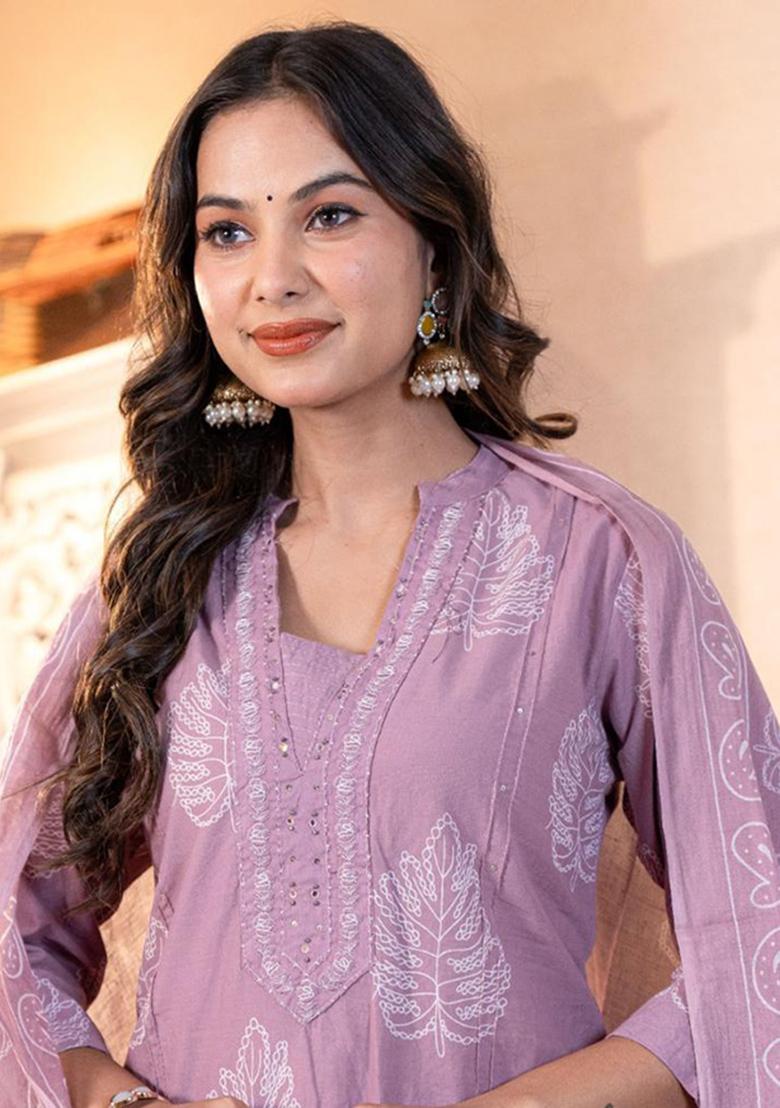 Lilac Printed Cotton Kurta Set - Indya