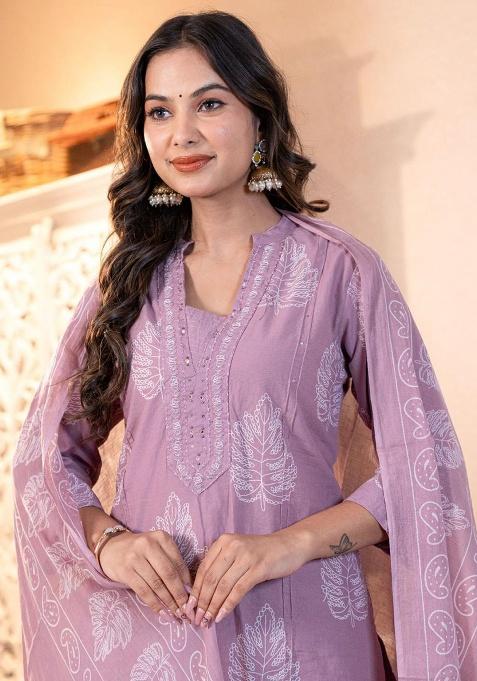 Lilac Printed Cotton Kurta Set