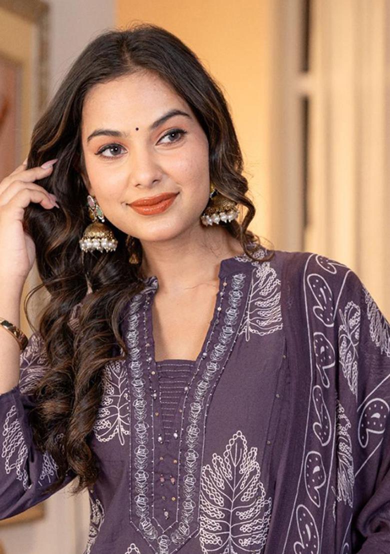 Purple Printed Cotton Kurta Set - Indya