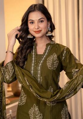 Green Printed Cotton Kurta Set