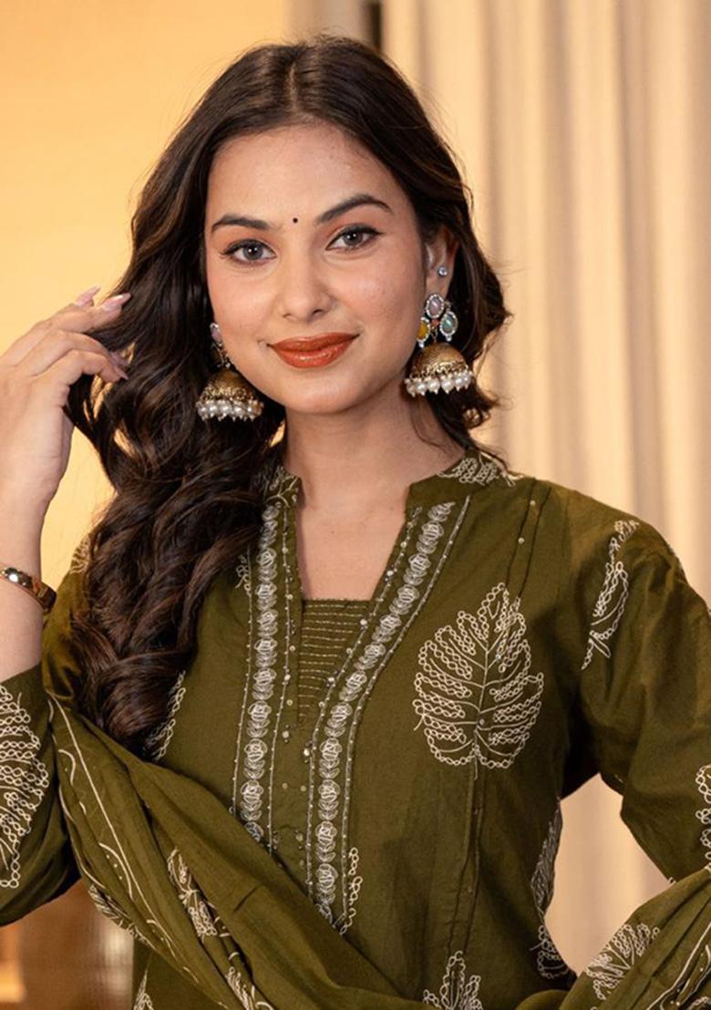 Green Printed Cotton Kurta Set - Indya