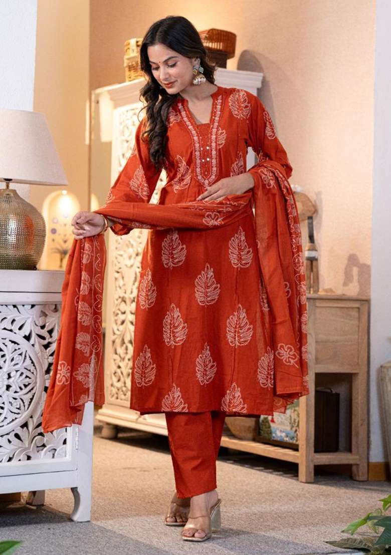 Orange Printed Cotton Straight Kurta Set - Indya