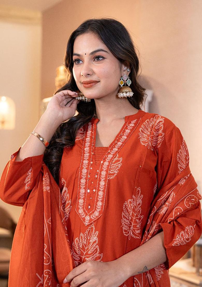 Orange Printed Cotton Kurta Set - Indya