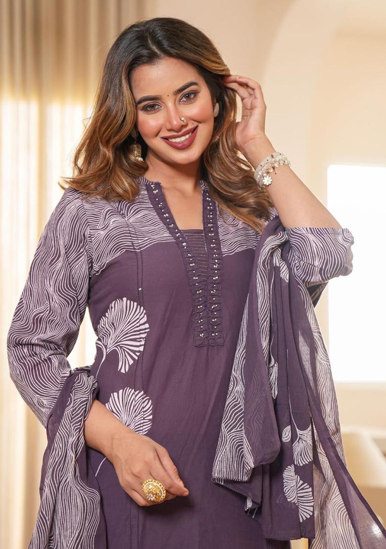 Purple Printed Cotton Kurta Set - Indya