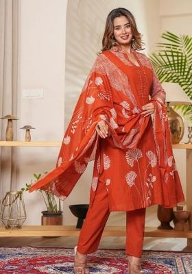 Orange Printed Cotton Kurta Set