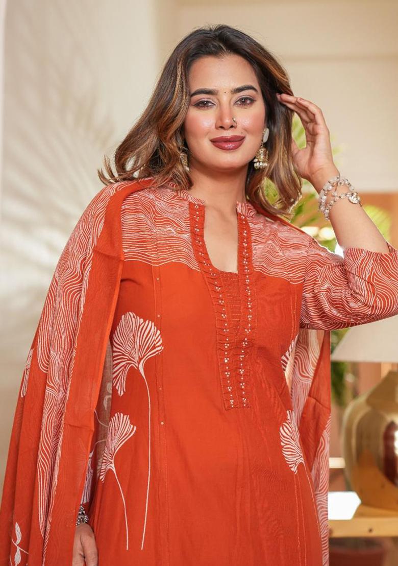 Orange Printed Cotton Kurta Set - Indya