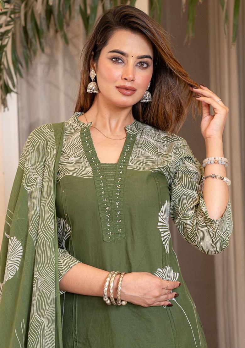 Green Printed Cotton Kurta Set - Indya