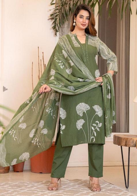 Green Printed Cotton Kurta Set