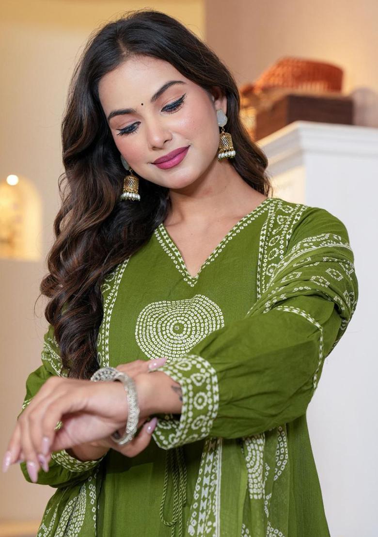 Green Printed Cotton Kurta Set - Indya