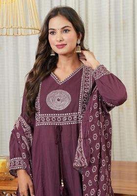 Purple Printed Cotton Kurta Set