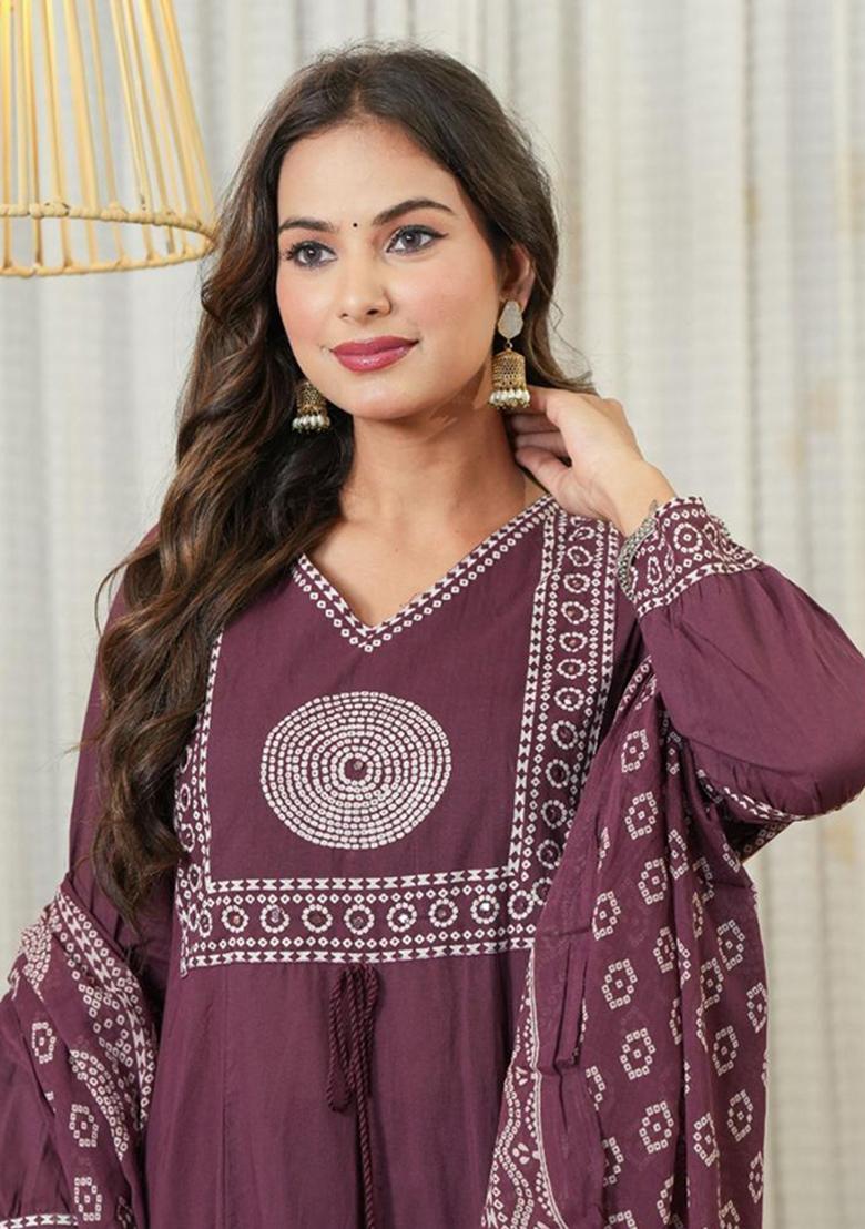 Purple Printed Cotton Kurta Set - Indya