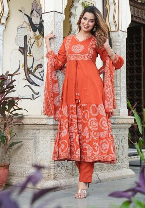 Orange Printed Cotton Anarkali Set