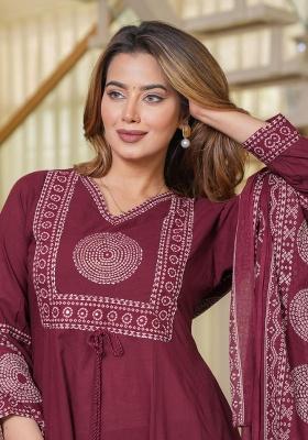 Maroon Printed Cotton Kurta Set