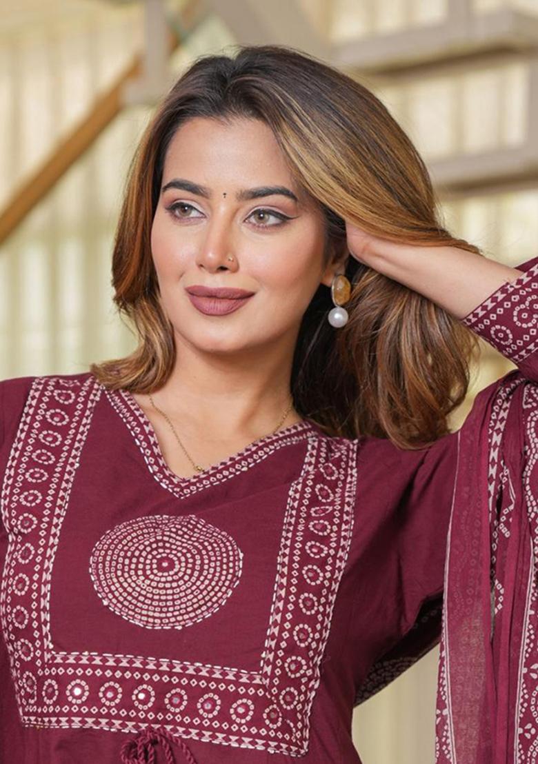 Maroon Printed Cotton Kurta Set - Indya