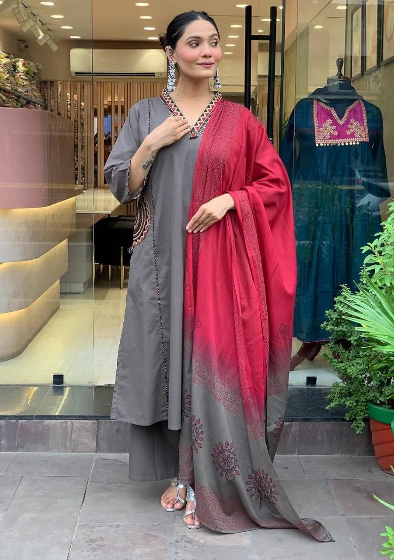 Grey Printed Cotton Kurta Set - Indya