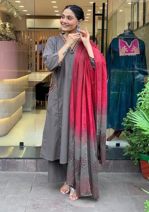 Grey Printed Cotton Kurta Set