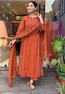 Brown Printed Cotton Kurta Set