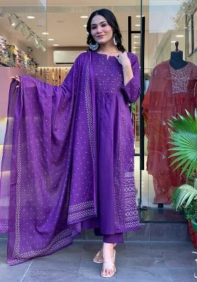 Blue Sequin Work Cotton Anarkali Set
