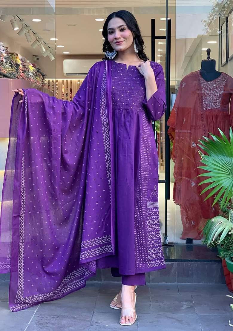 Blue Sequin Work Cotton Anarkali Set - Indya