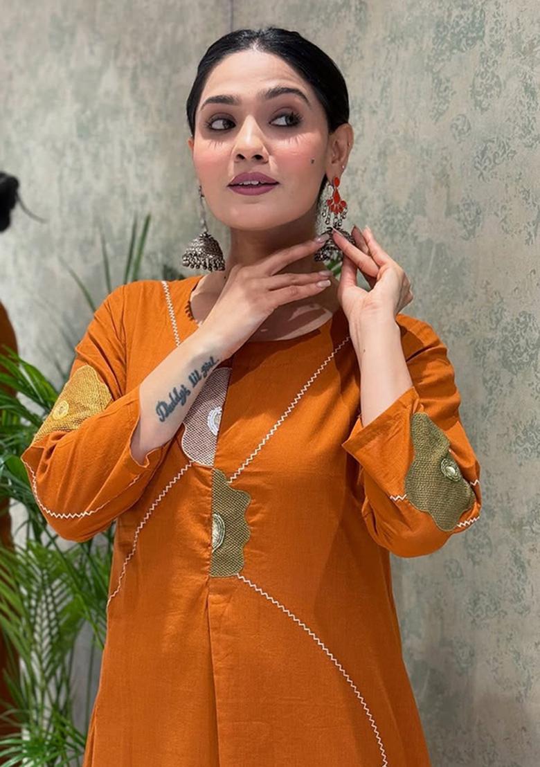 Orange Printed Cotton Kurta Set - Indya