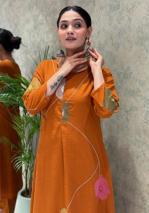 Orange Printed Cotton Kurta Set
