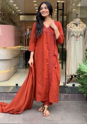 Rust Printed Cotton Kurta Set
