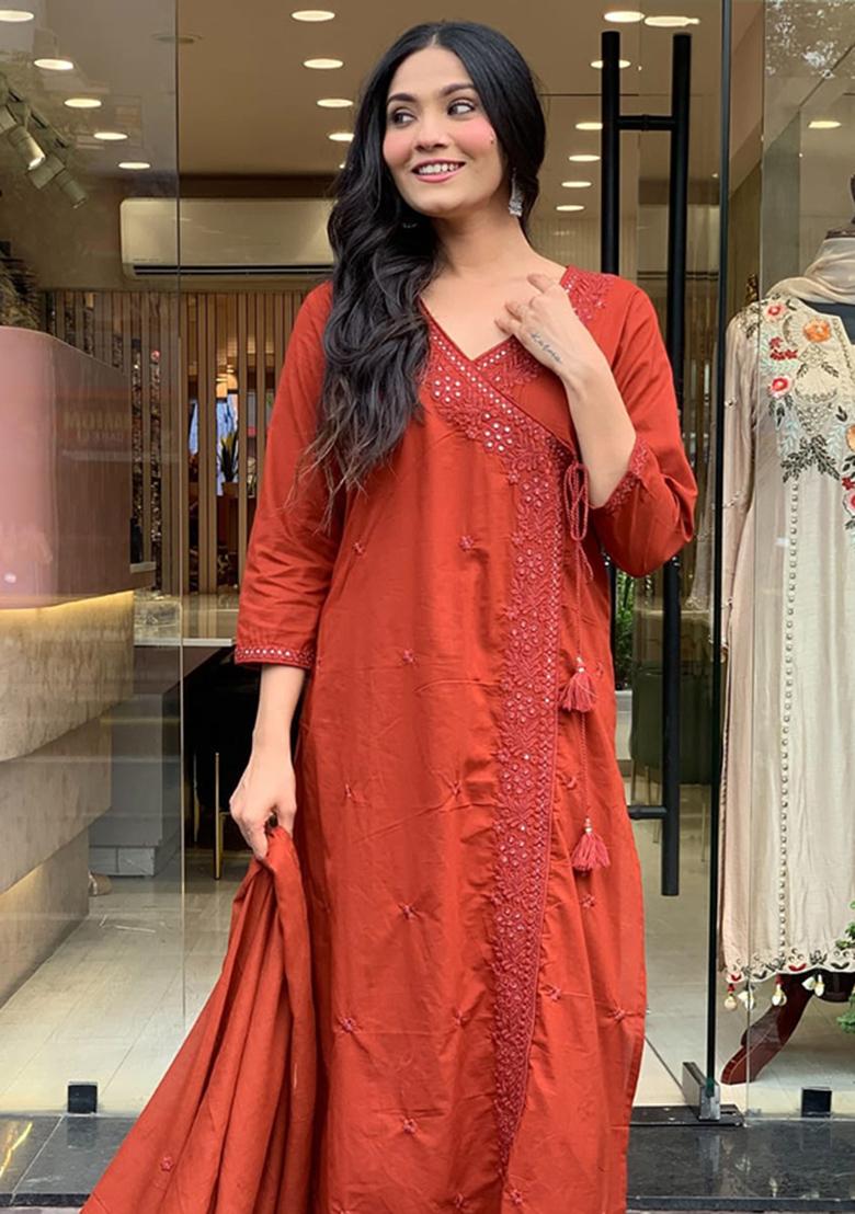 Rust Printed Cotton Kurta Set - Indya