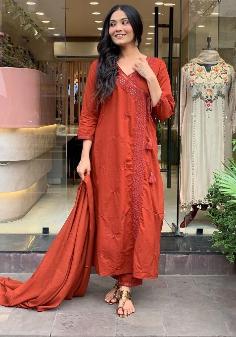 Rust Printed Cotton Kurta Set
