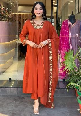 Rust Printed Cotton Kurta Set