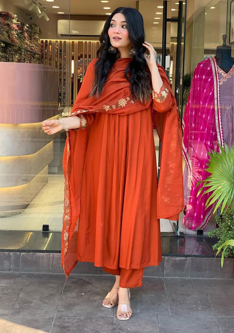 Rust Printed Cotton Kurta Set - Indya