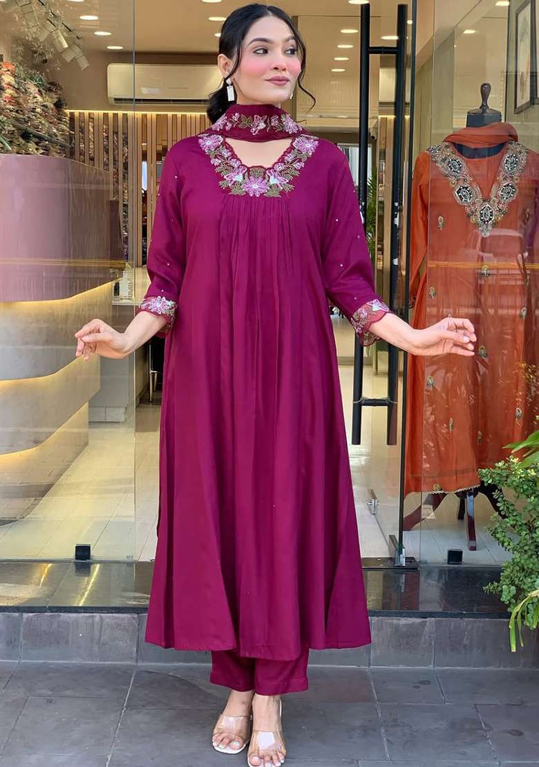 Wine Embroidered Cotton A Line Kurta Set - Indya