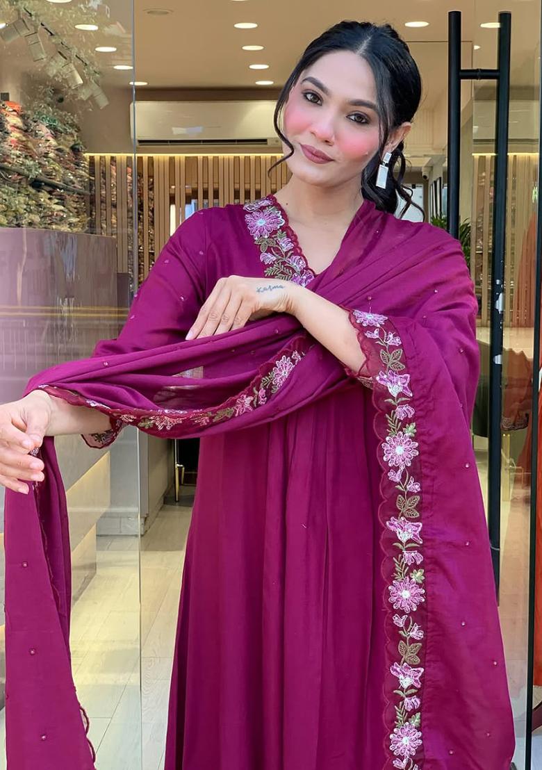 Wine Printed Cotton Kurta Set - Indya