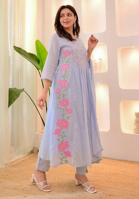 Blue Printed Cotton Kurta Set